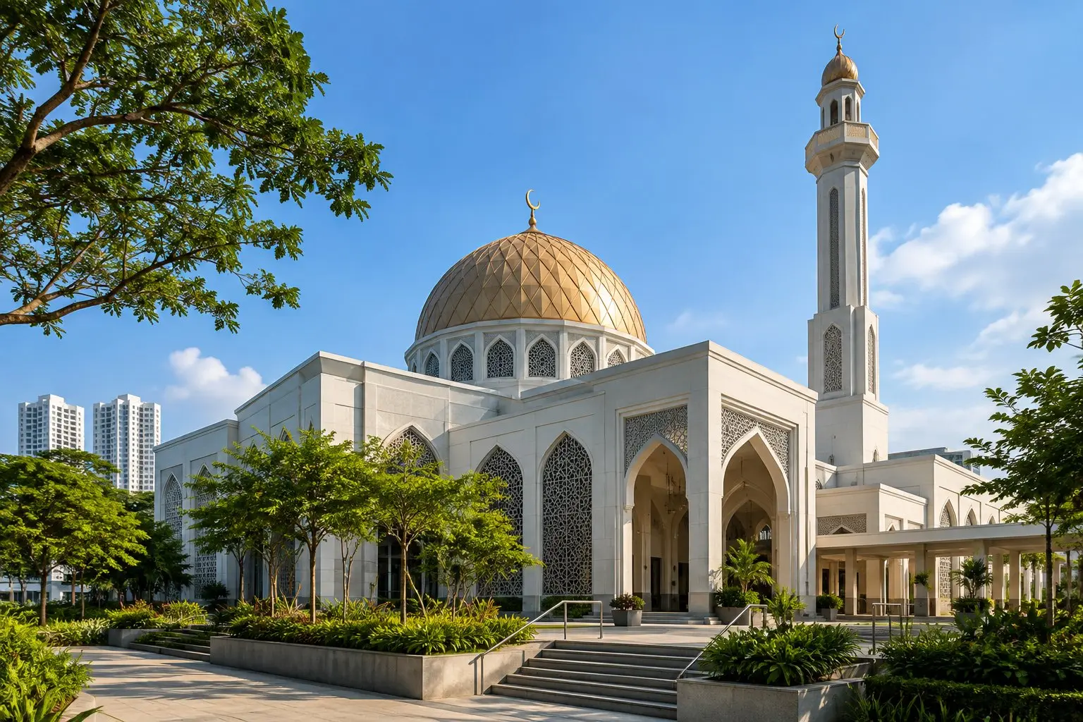 The exterior of a modern mosque in Singapore with a minaret against a clear sky