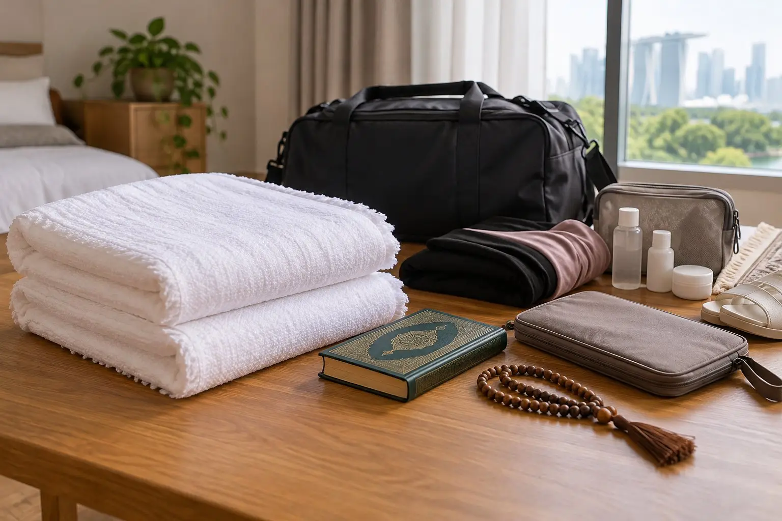 A pilgrim in white ihram cloths holding a small Quran and prayer beads beside a packed travel bag