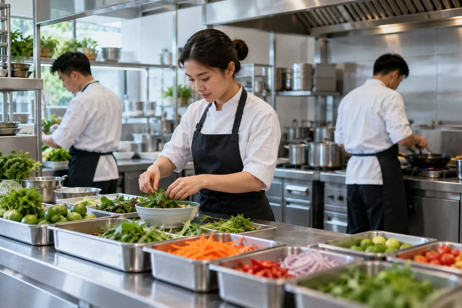 A commercial kitchen with stainless-steel counters and neatly organised ingredients
