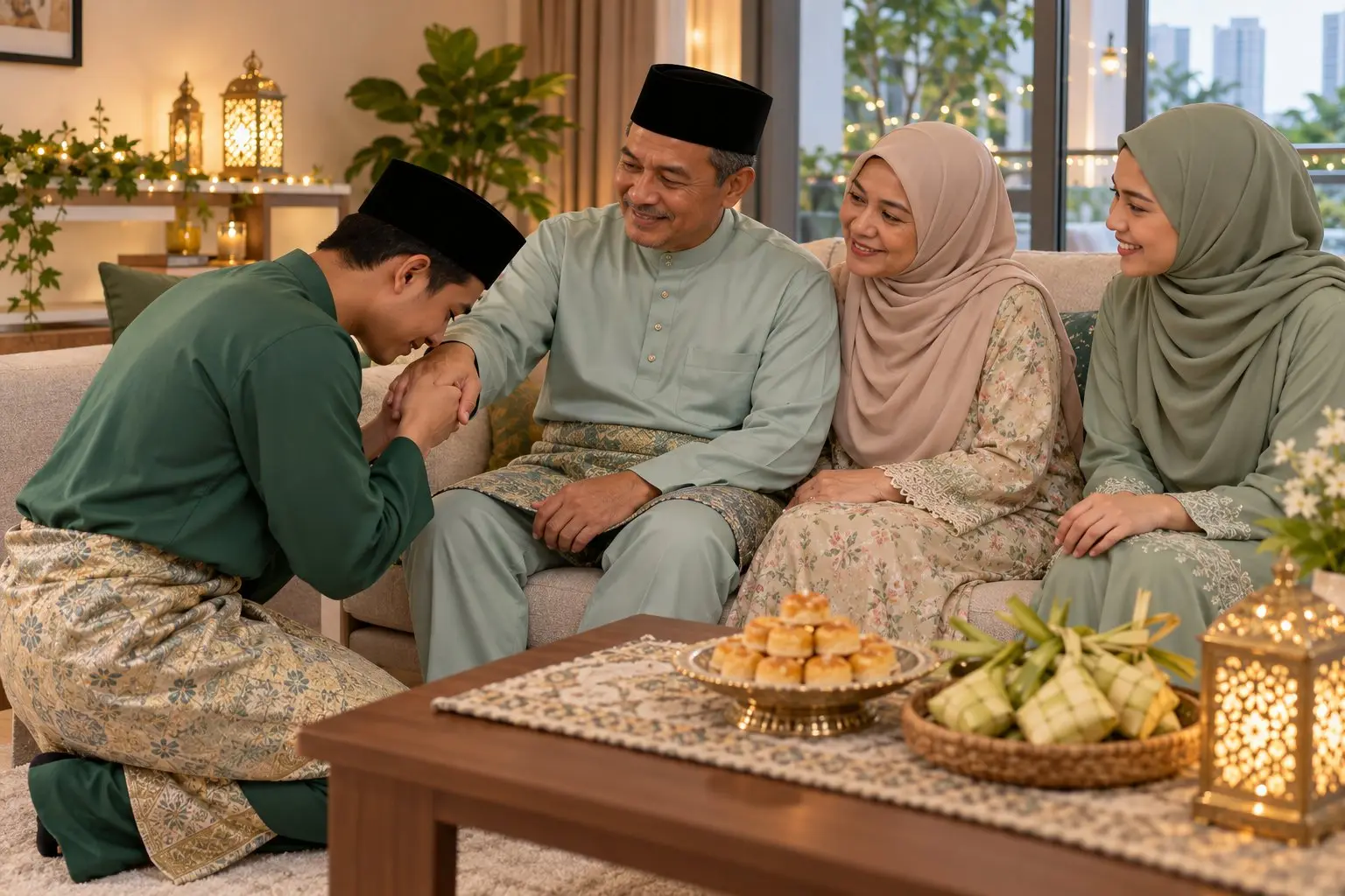 A family in baju kurung and baju melayu greeting elders at home on Hari Raya, women wearing hijab