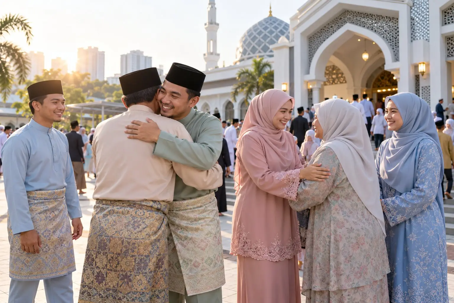 A family in baju melayu and baju kurung greeting one another after Hari Raya Haji prayers, women wearing hijab