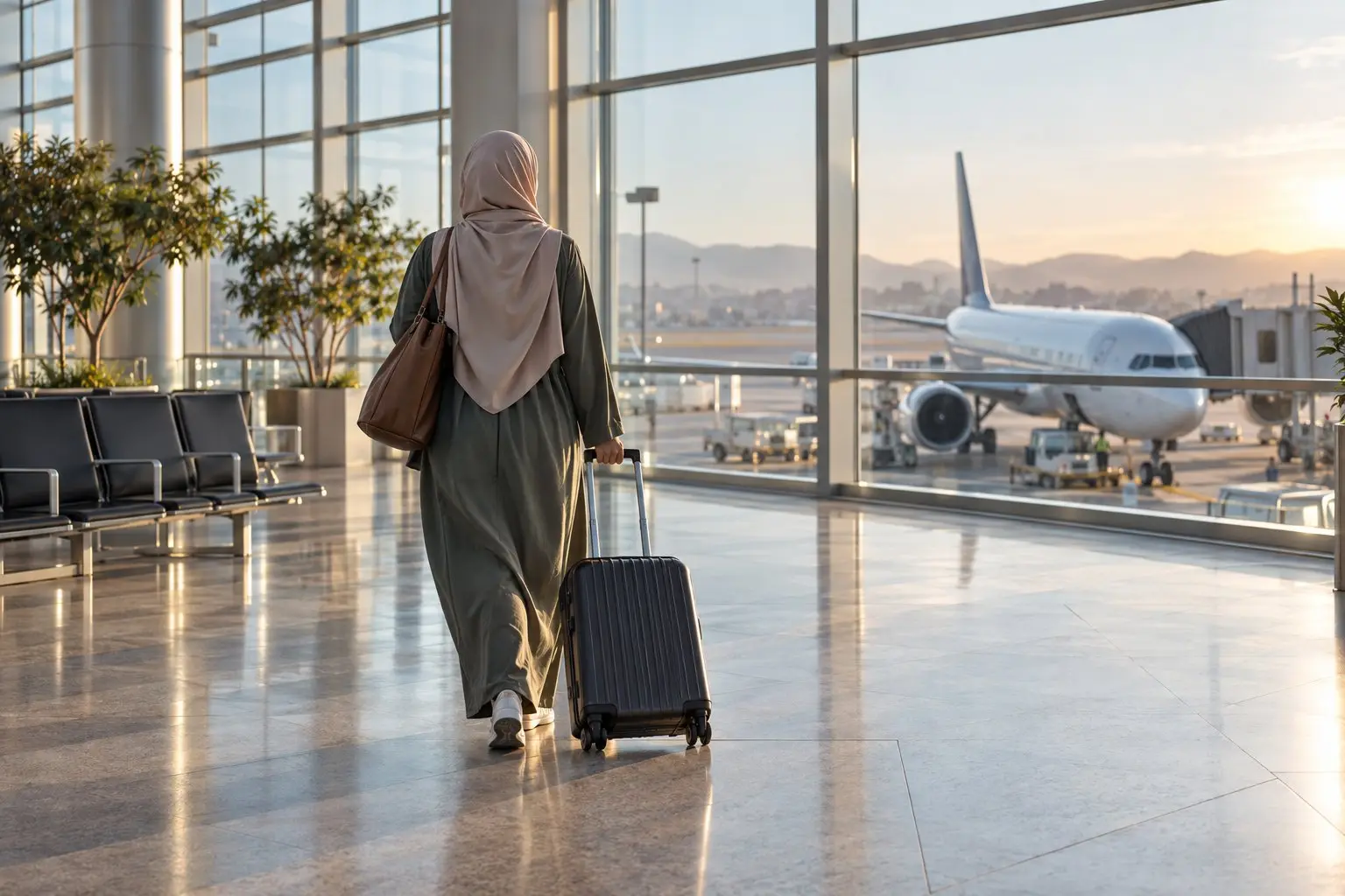 A traveller with a suitcase looking at a departures board at an airport