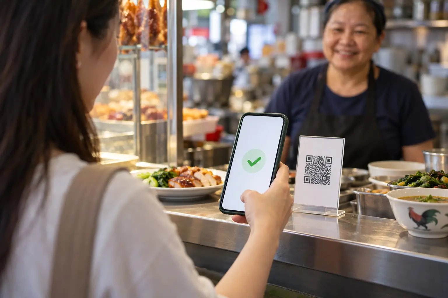 A customer scanning a QR code on a hawker-stall counter with a phone