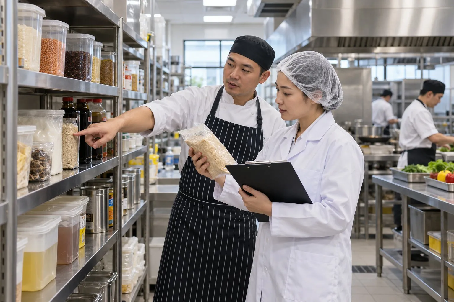 Two people reviewing ingredient packaging and storage in a commercial kitchen