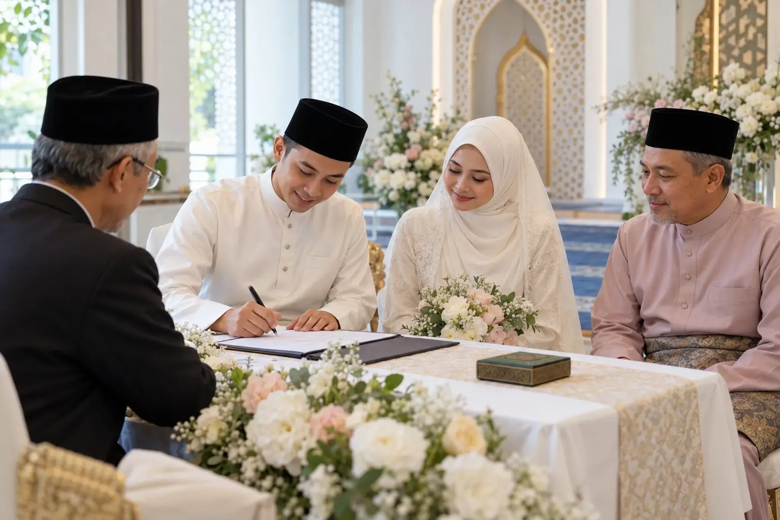A Muslim bride in a modest long-sleeved baju kurung and hijab beside the groom signing documents after the akad nikah