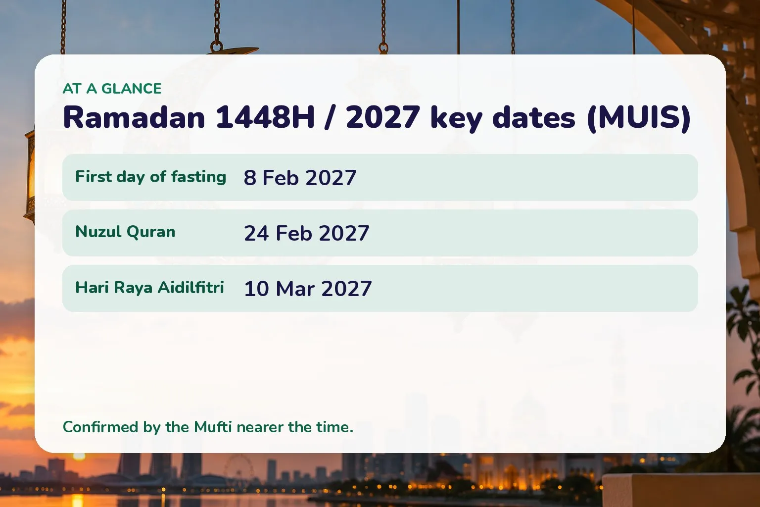 Card of MUIS 2027 dates: first day of fasting 8 Feb 2027, Nuzul Quran 24 Feb 2027, Hari Raya Aidilfitri 10 Mar 2027