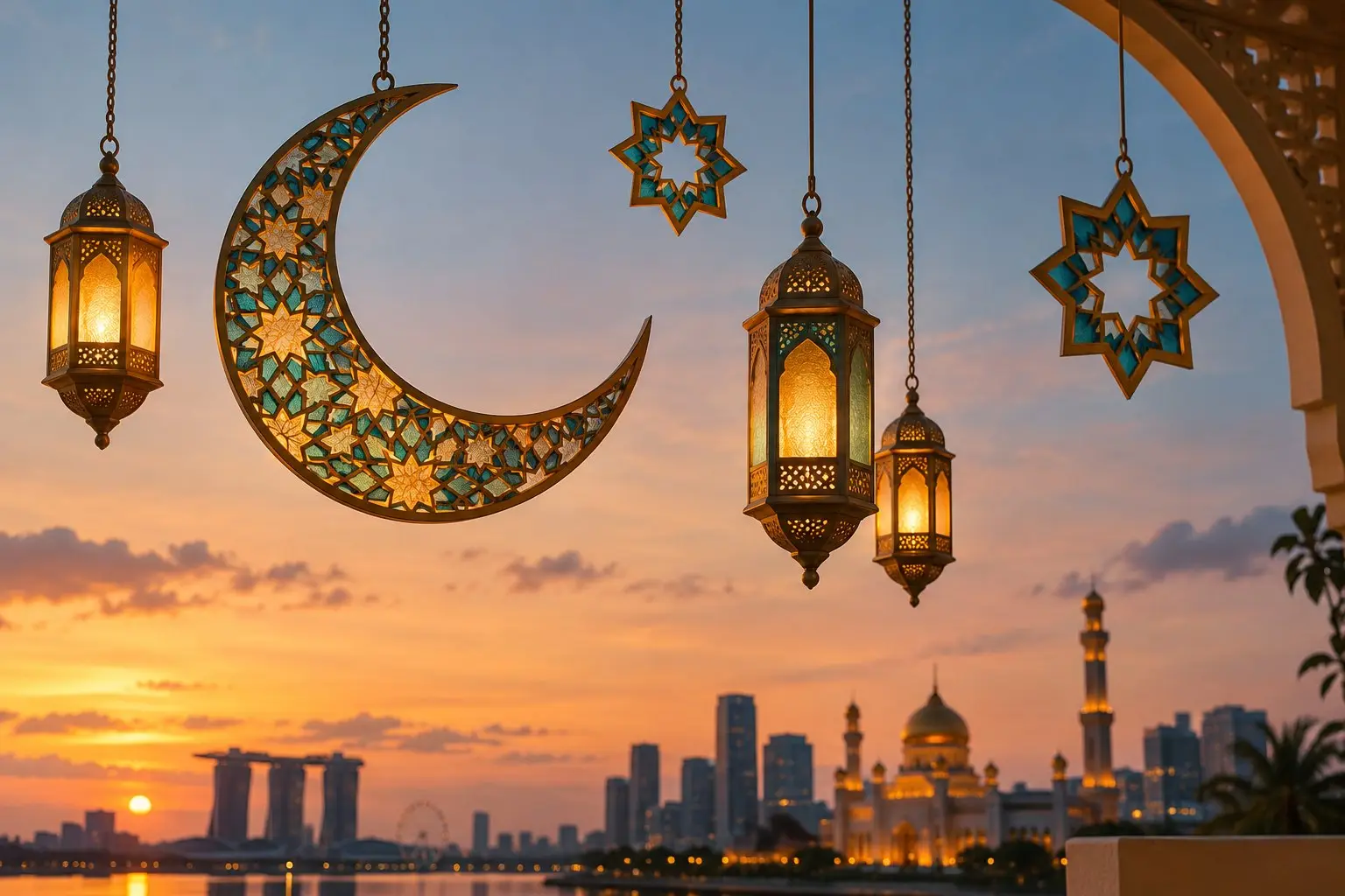 Hanging crescent-and-lantern decorations against a calm evening sky