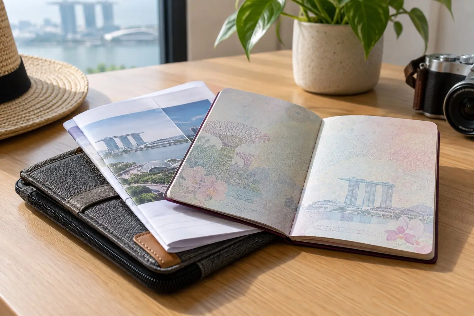 An open passport resting on a folded travel itinerary and a boarding wallet on a plain table