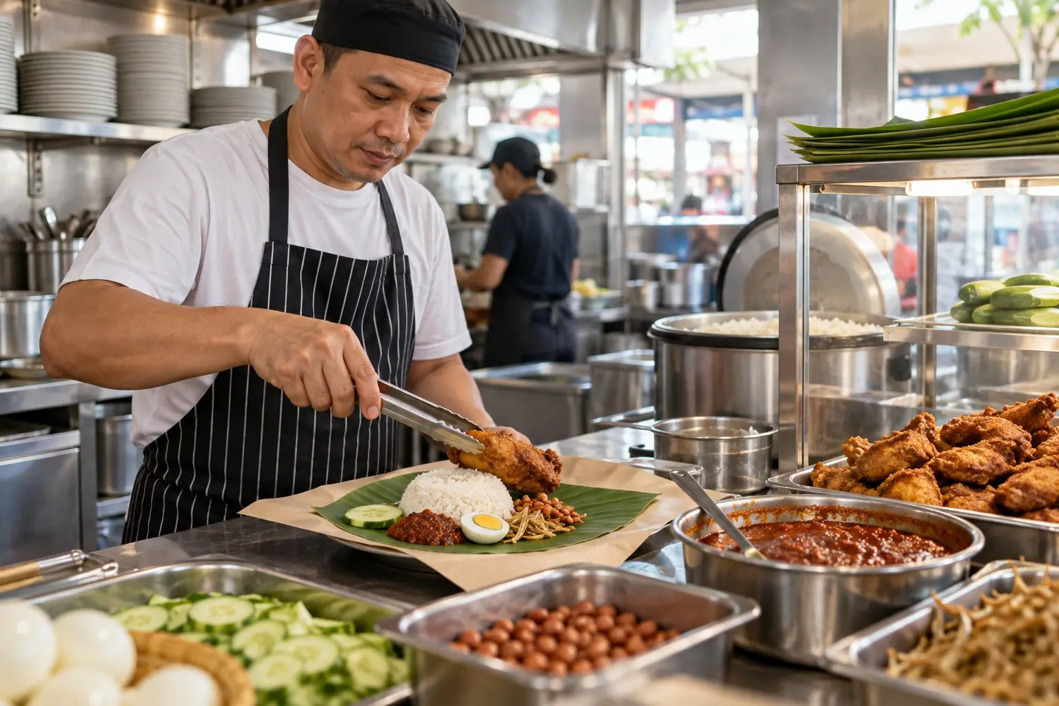 A cook preparing nasi lemak in a commercial kitchen