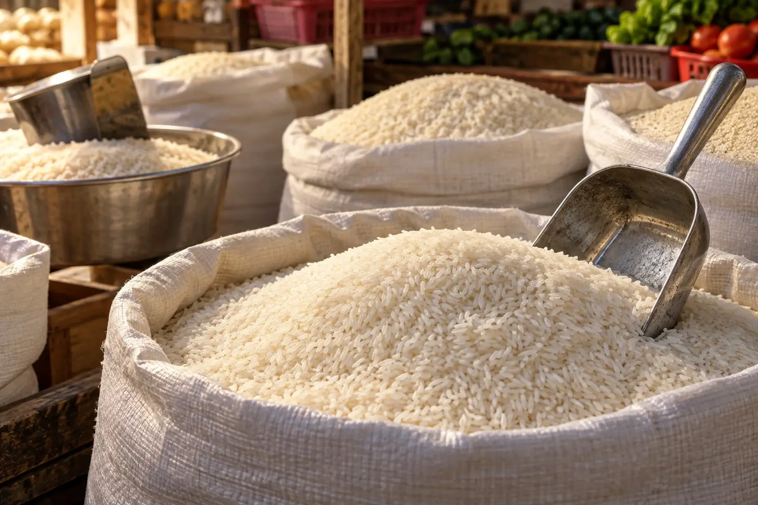 Sacks and scoops of uncooked rice at a market stall