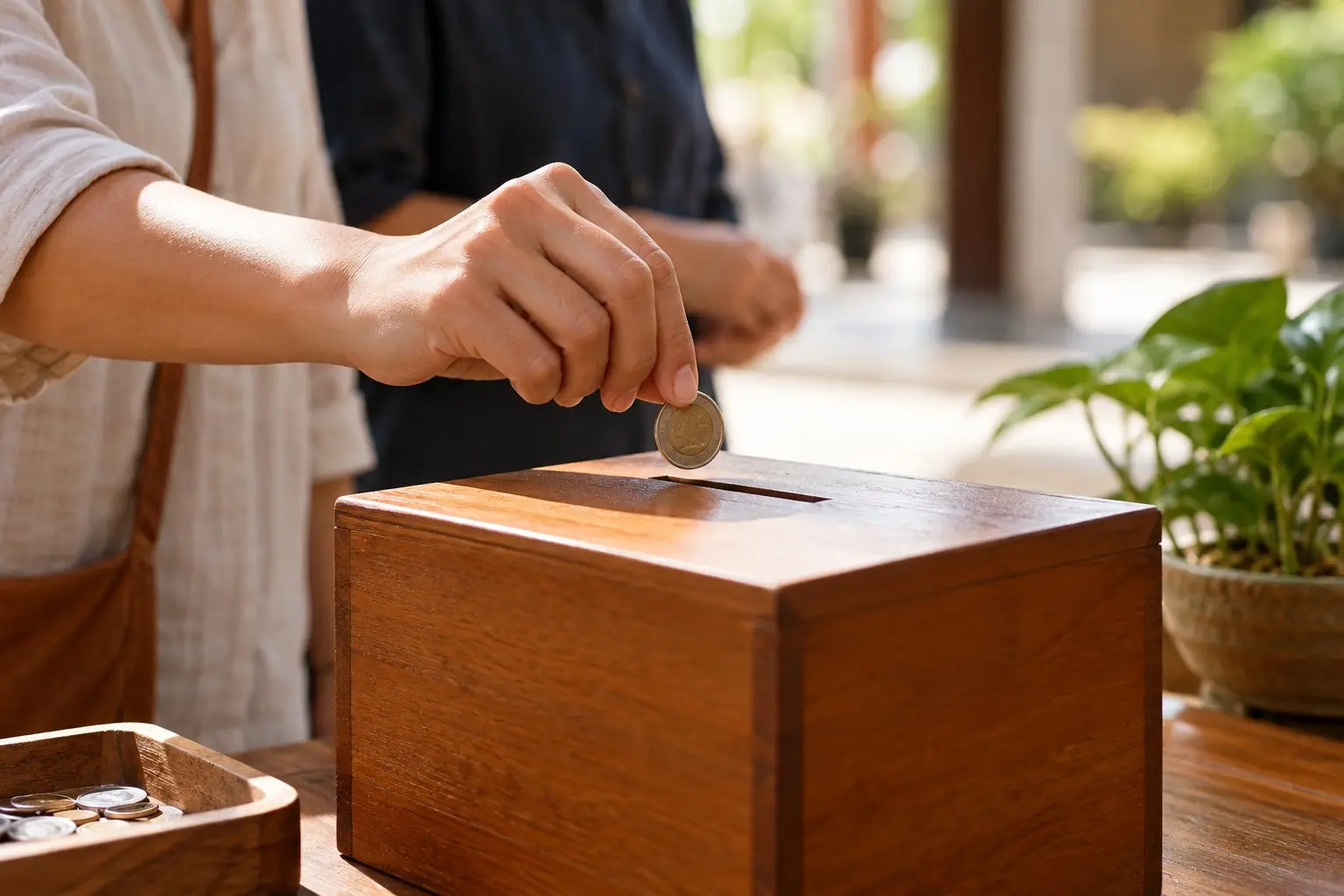 Hands placing a coin into a donation box